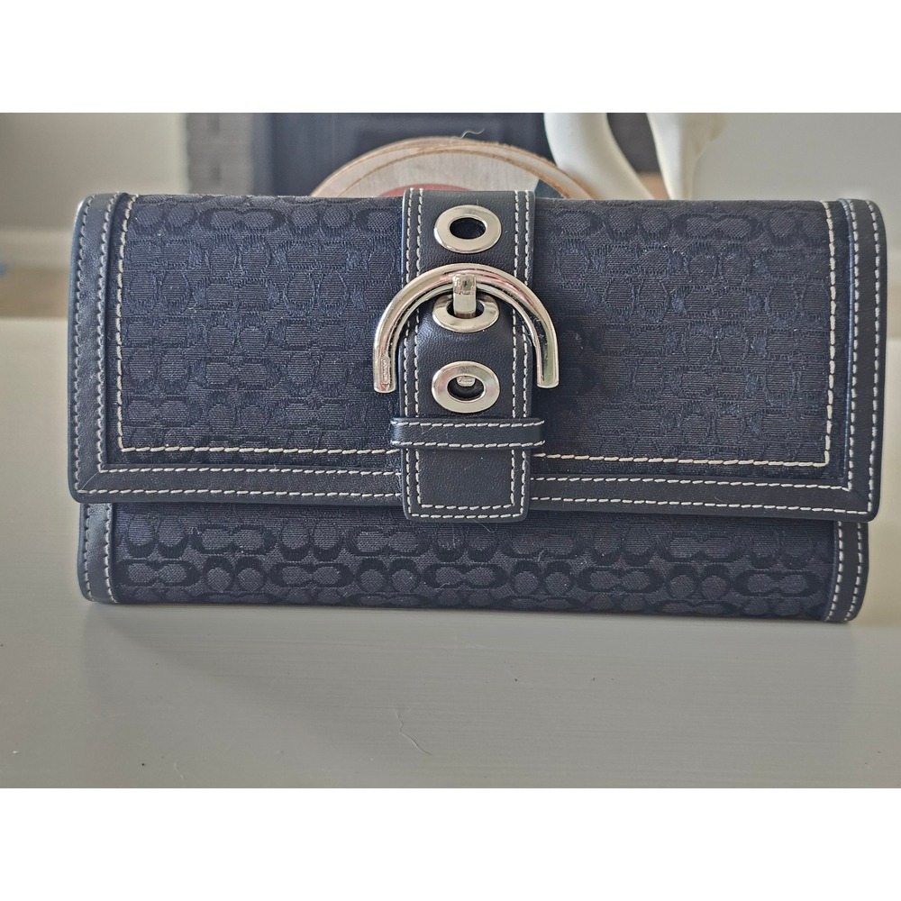 Coach Black Signature Jacquard Trifold Buckle Wallet with Checkbook Cover Y2k